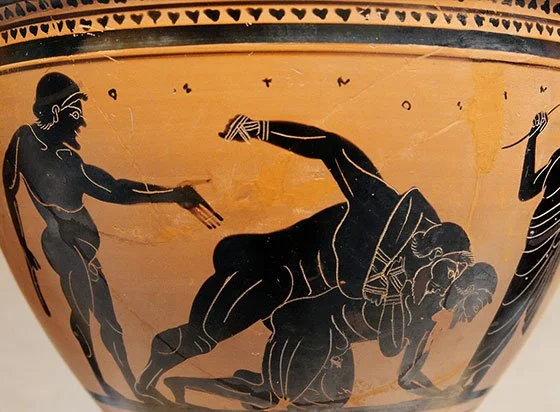 Representación del pancracio grabada en un jarrón griego